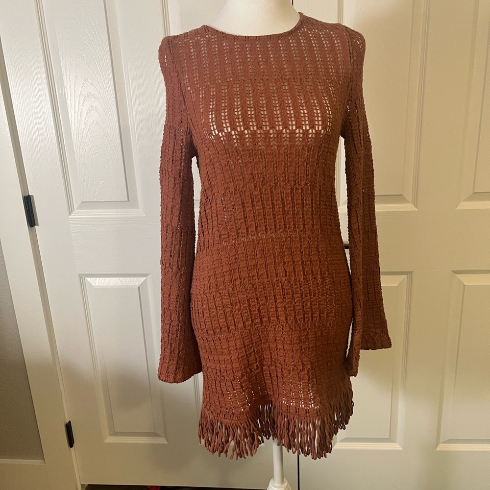 Anthropologie Rust Open Knit Sweater Dress Fringe Hem XXS